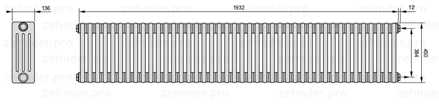 Схема (чертеж) Радиатор Zehnder Charleston 4045/42 №7610 Белый глянцевый RAL 9016